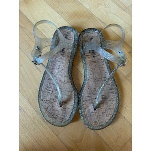 Kate Spade New York Clear Silver Glitter Jelly Sandals Cork Footbed Womens 6